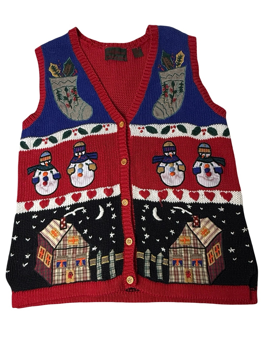 VTG Christmas Bristol Vest Winter Snowman Hand Knit Embroidered Sweater SZ S 90s